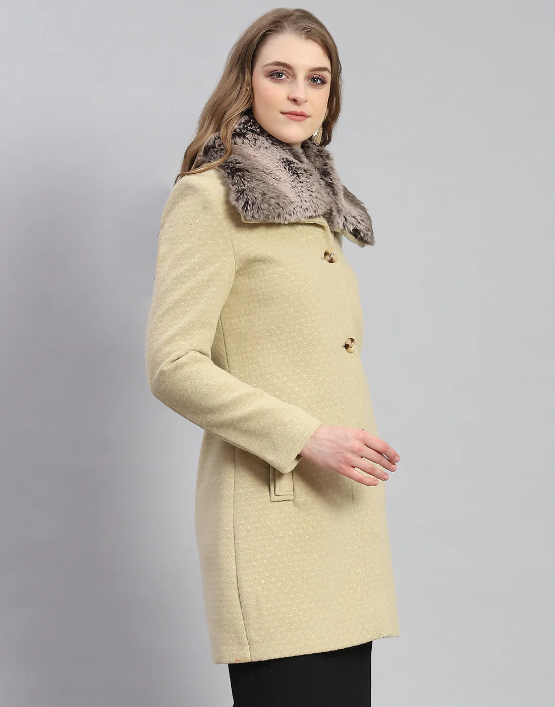 Women Beige Self Design Collar Full Sleeve Coat - Image 4