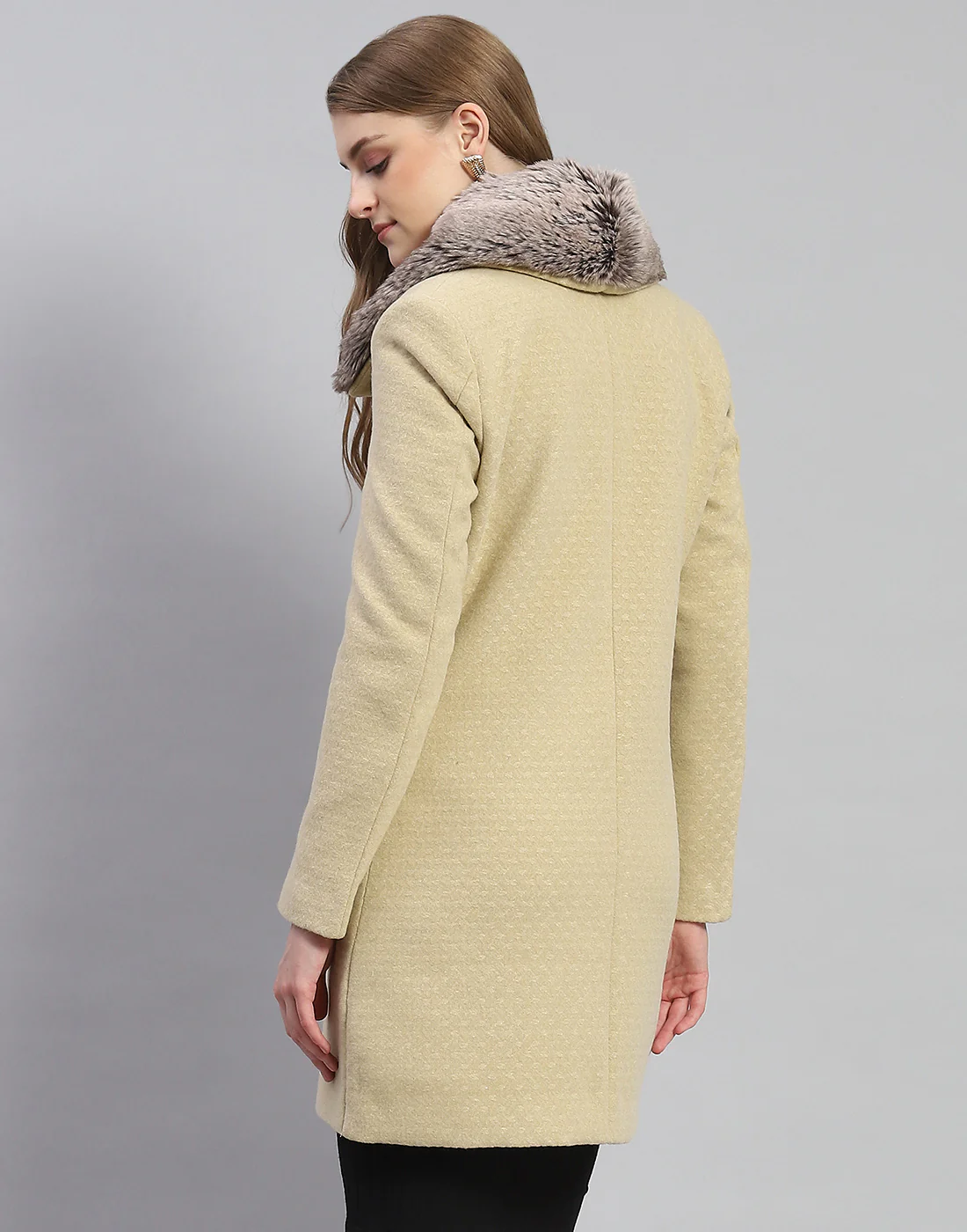 Women Beige Self Design Collar Full Sleeve Coat - Image 5