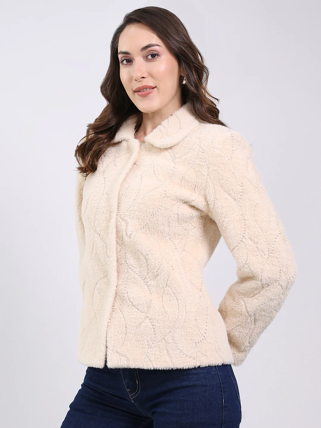 Women Beige Self Design Collar Full Sleeve Coat - Image 3