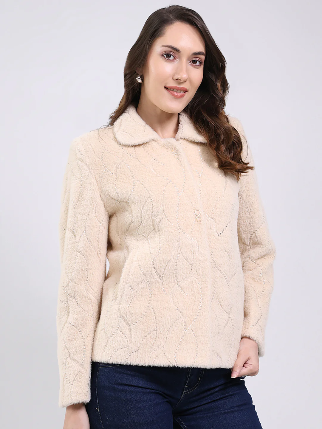 Women Beige Self Design Collar Full Sleeve Coat - Image 4