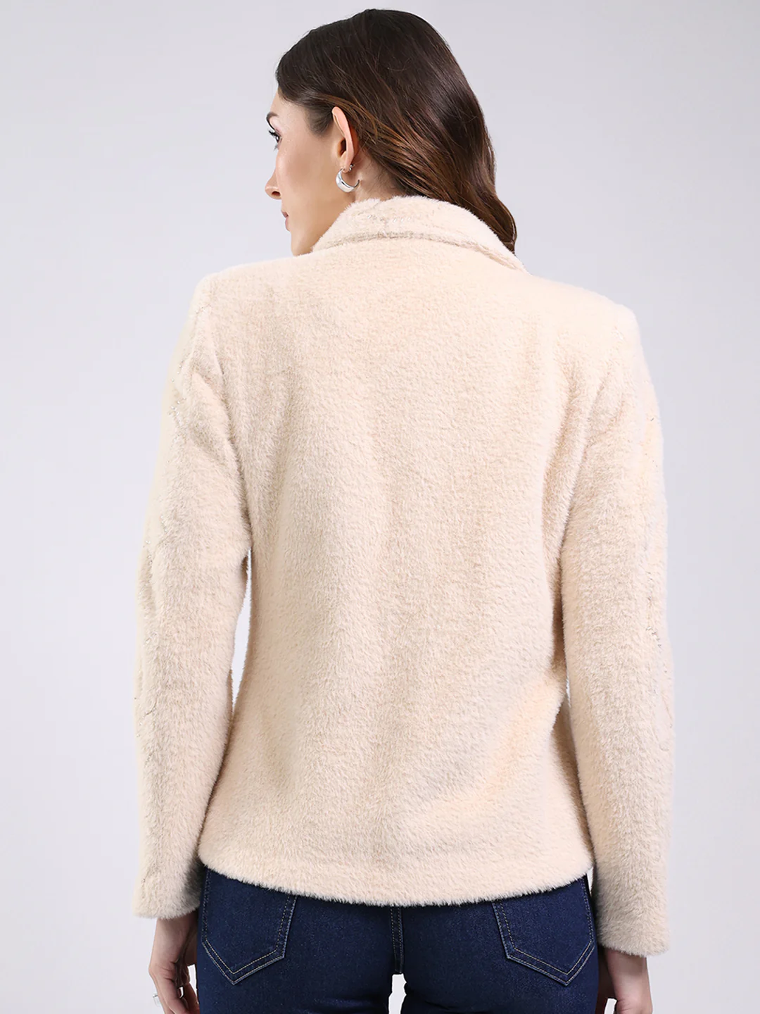 Women Beige Self Design Collar Full Sleeve Coat - Image 5