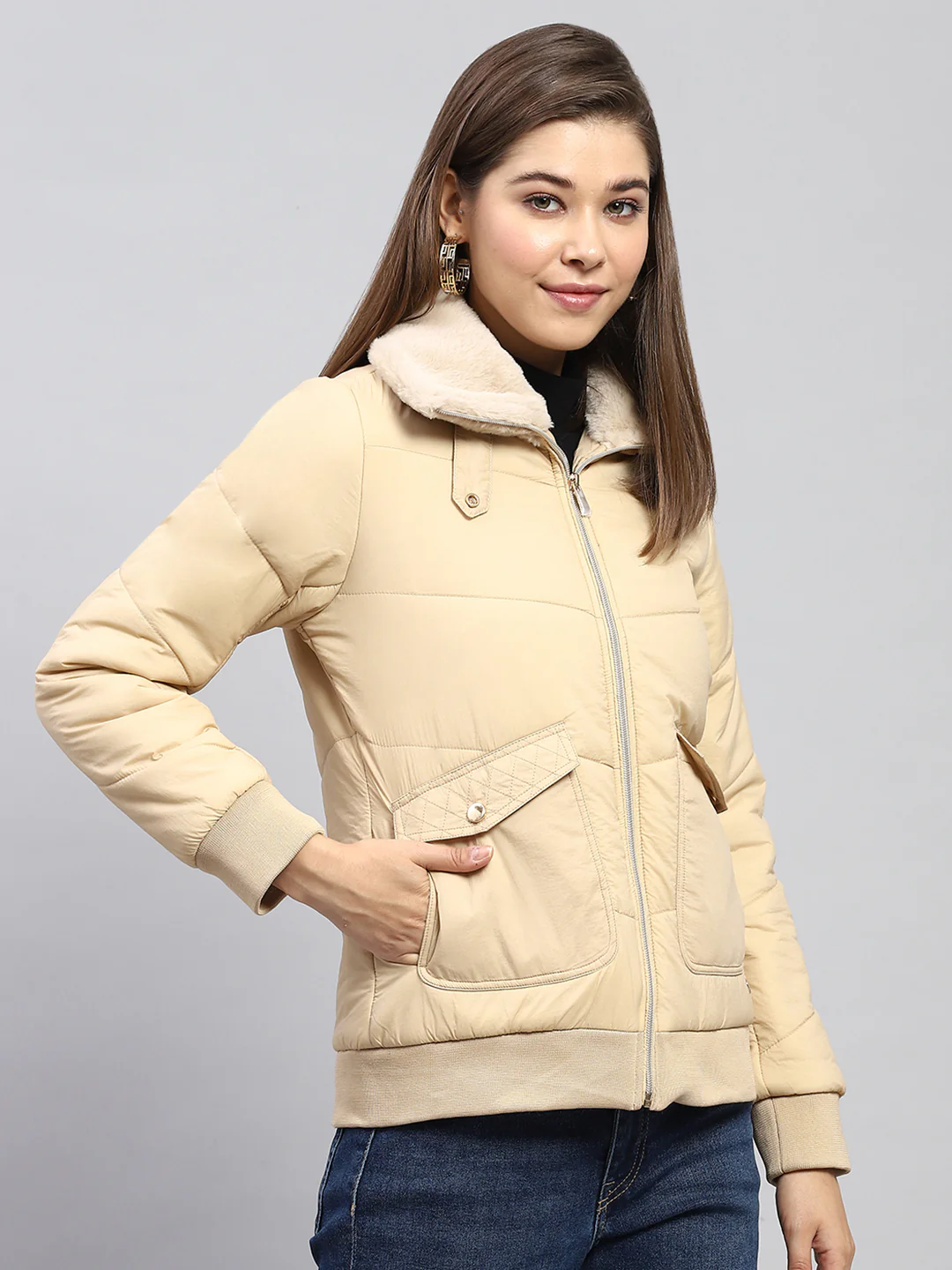 Women Beige Self Design Collar Full Sleeve Jacket - Image 4