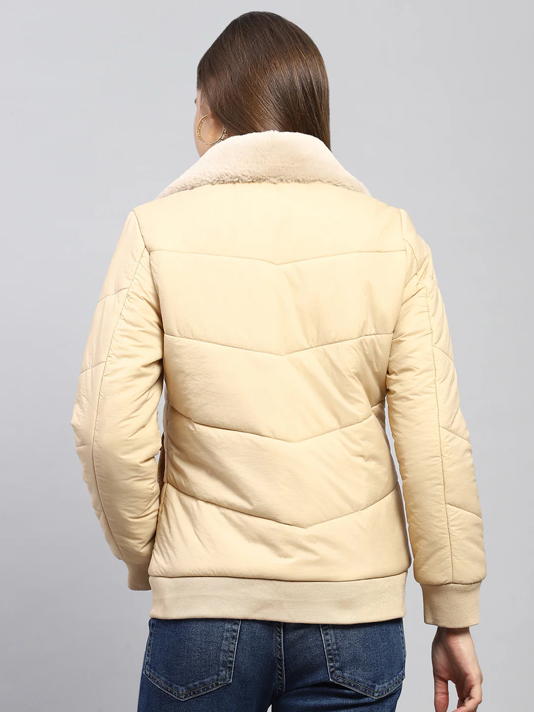 Women Beige Self Design Collar Full Sleeve Jacket - Image 5