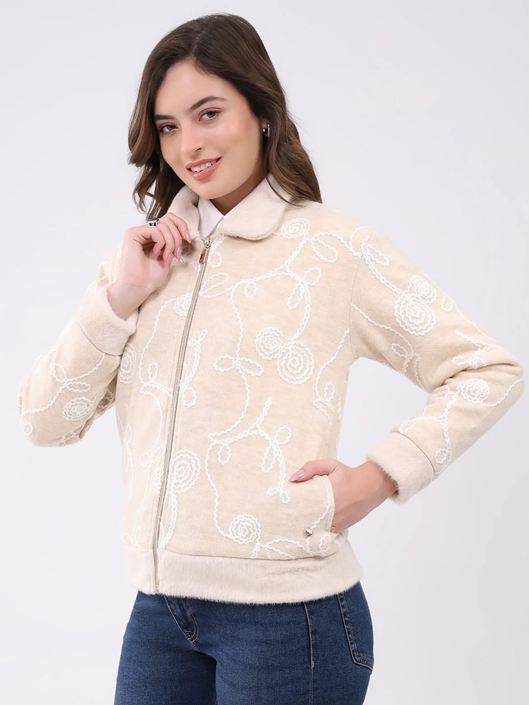 Women Beige Self Design Collar Full Sleeve Sweatshirt - Image 3