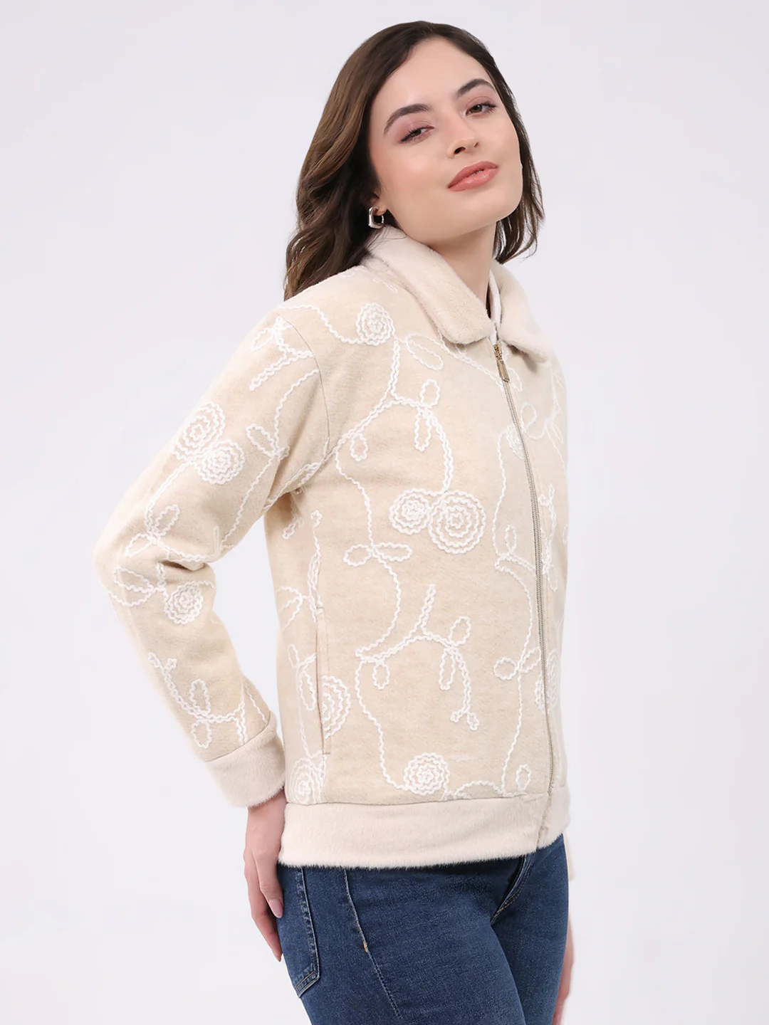 Women Beige Self Design Collar Full Sleeve Sweatshirt - Image 4