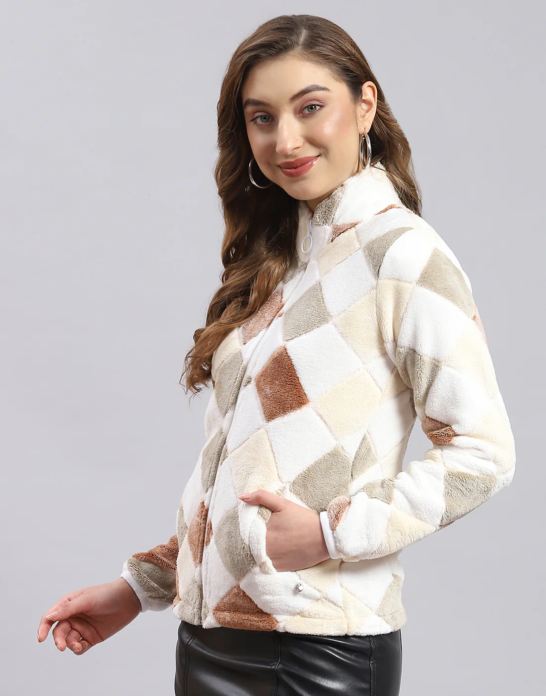 Women Beige Self Design F Neck Full Sleeve Sweatshirt - Image 4