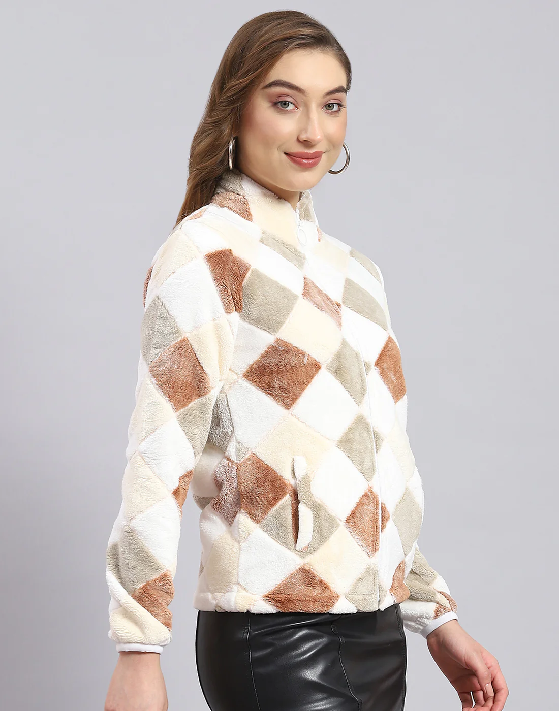 Women Beige Self Design F Neck Full Sleeve Sweatshirt - Image 5