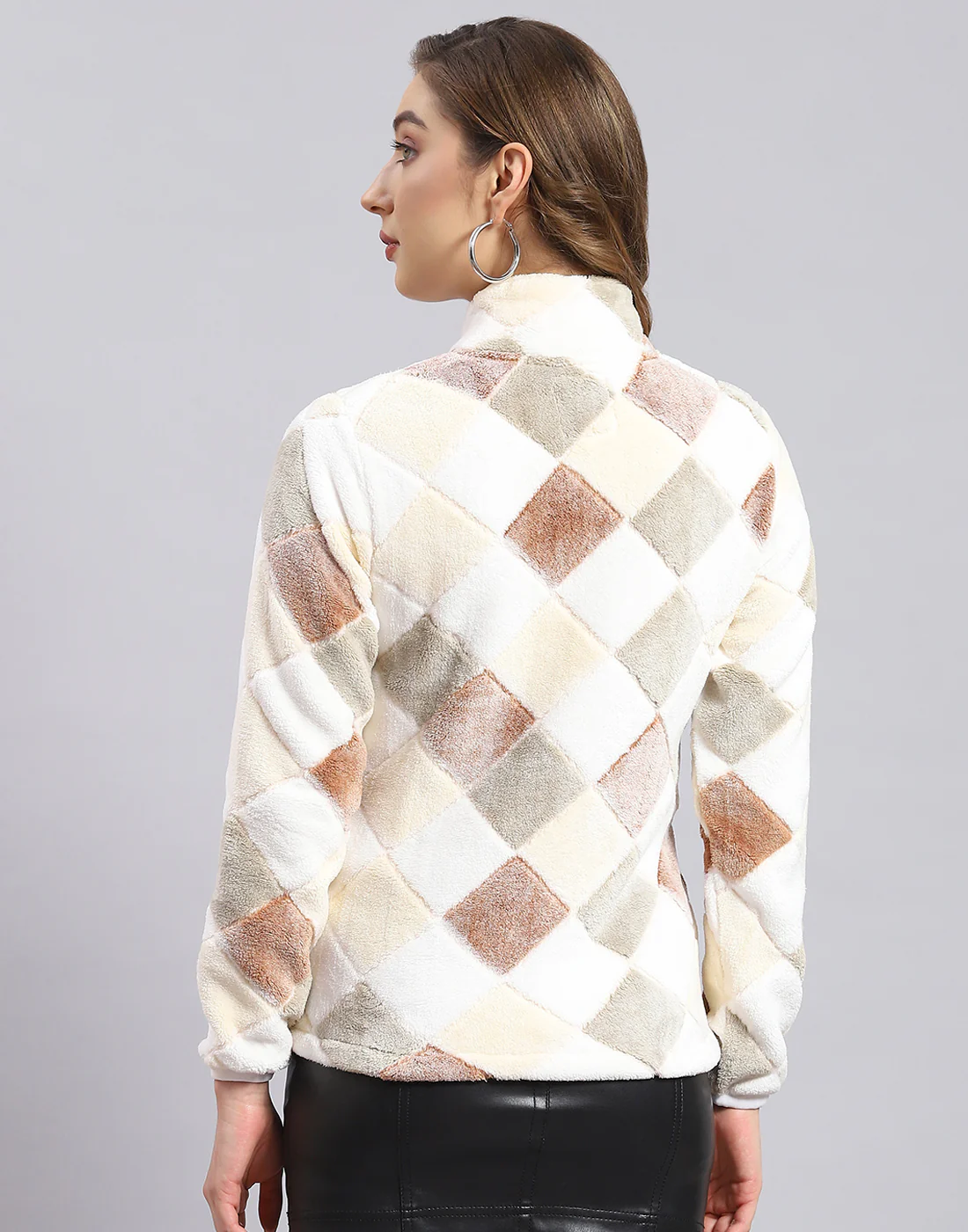 Women Beige Self Design F Neck Full Sleeve Sweatshirt - Image 6