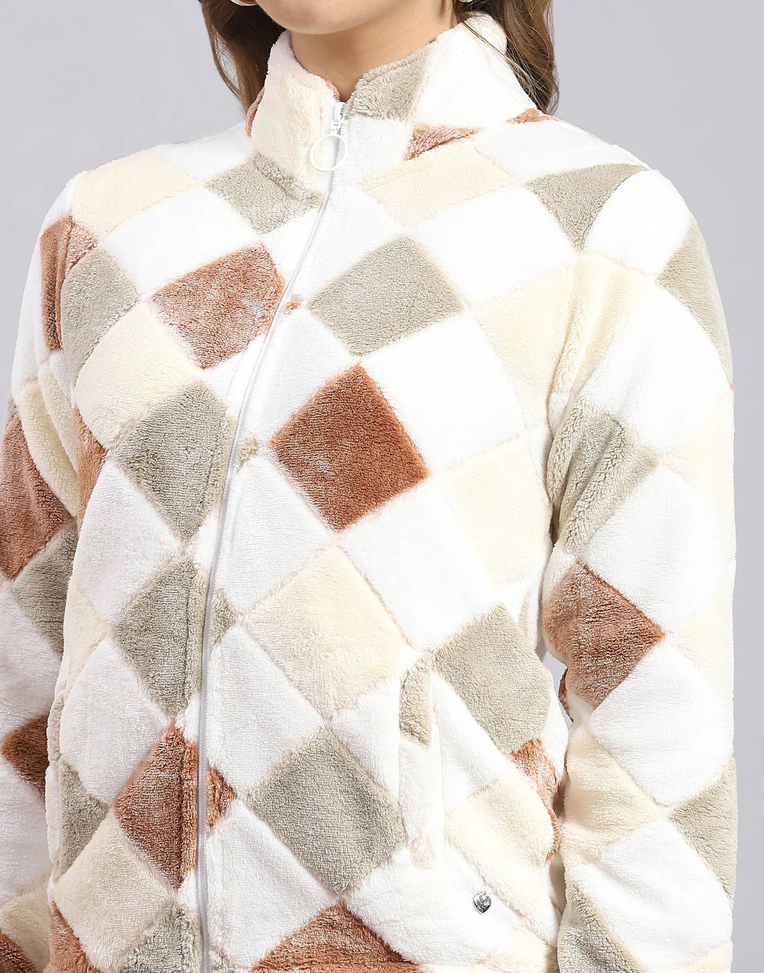 Women Beige Self Design F Neck Full Sleeve Sweatshirt - Image 7