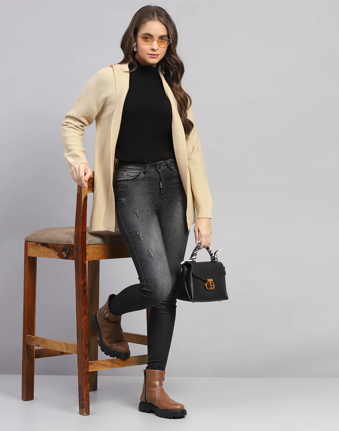 Women Beige Self Design Front Open Full Sleeve Cardigan - Image 2