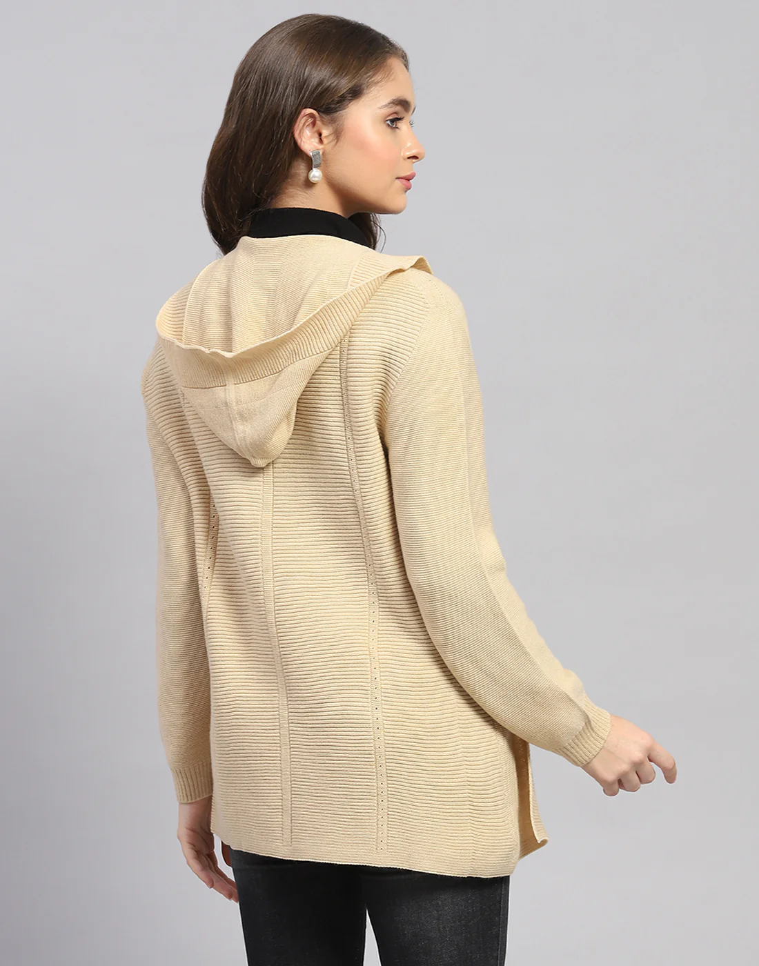 Women Beige Self Design Front Open Full Sleeve Cardigan - Image 5