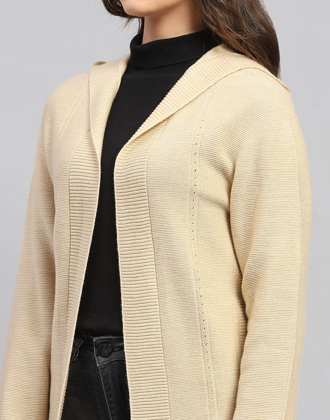 Women Beige Self Design Front Open Full Sleeve Cardigan - Image 6