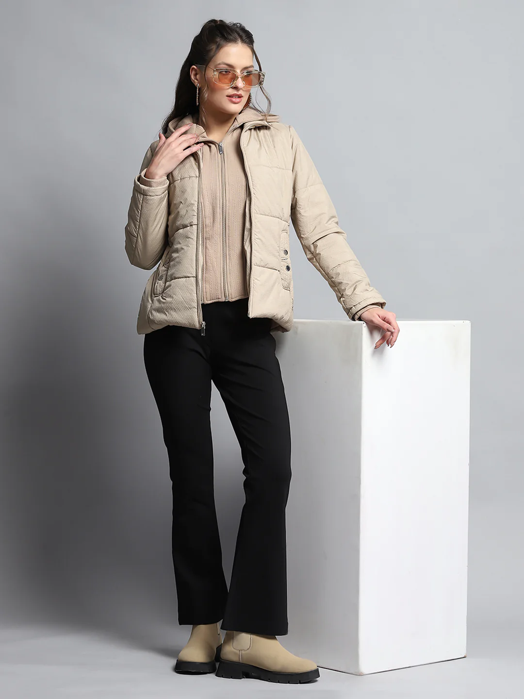 Women Beige Self Design Hooded Full Sleeve Jacket - Image 2