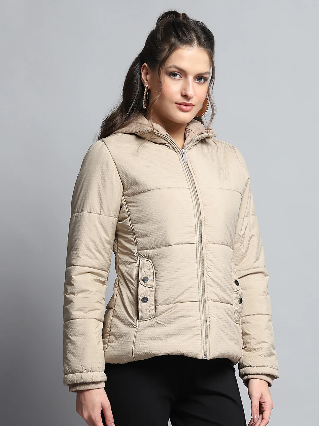 Women Beige Self Design Hooded Full Sleeve Jacket - Image 4
