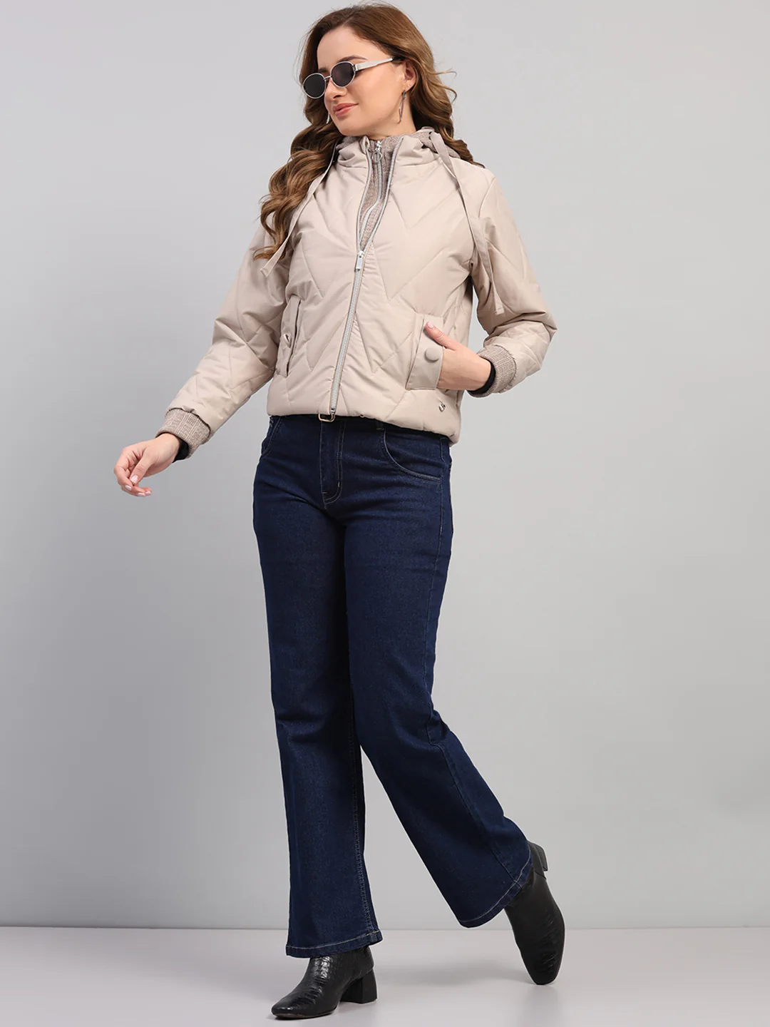 Women Beige Self Design Hooded Full Sleeve Jacket - Image 2