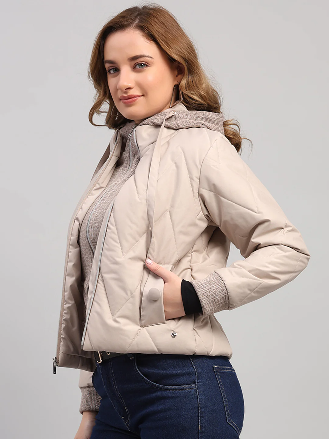 Women Beige Self Design Hooded Full Sleeve Jacket - Image 3