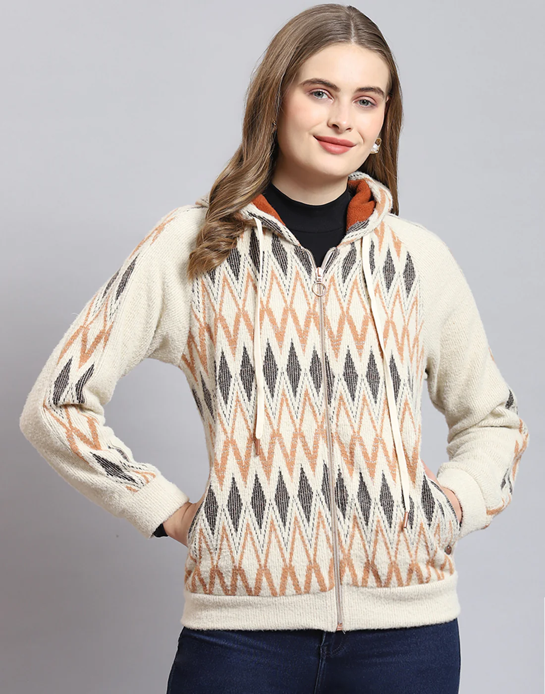 Women Beige Self Design Hooded Full Sleeve Sweatshirt - Image 3