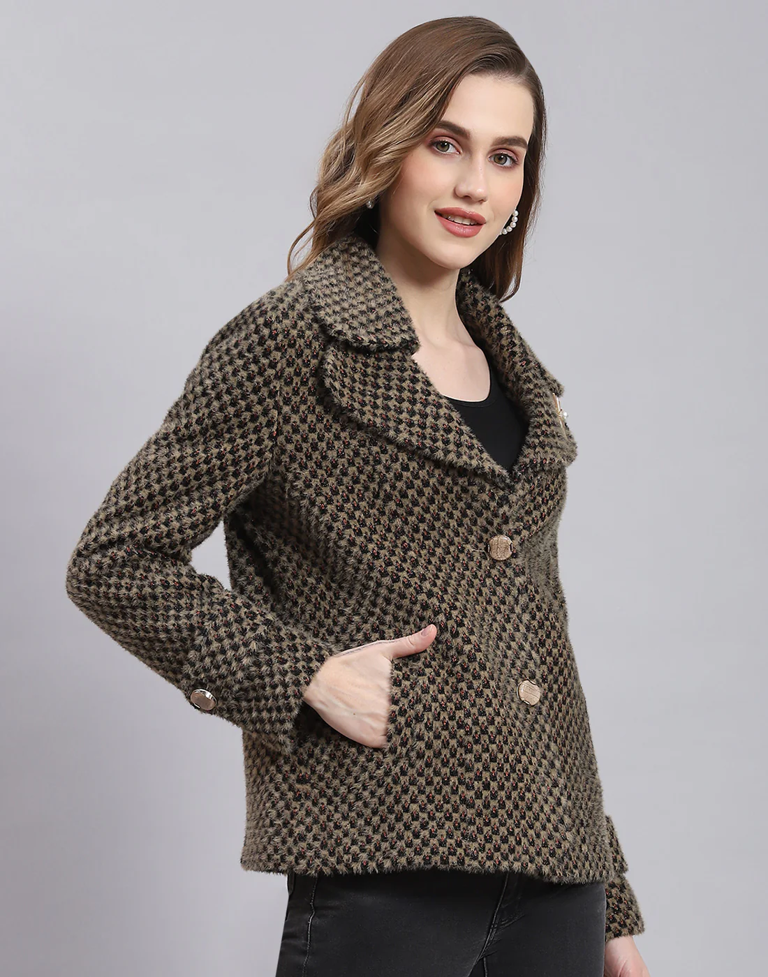 Women Beige Self Design Lapel Collar Full Sleeve Coat - Image 4