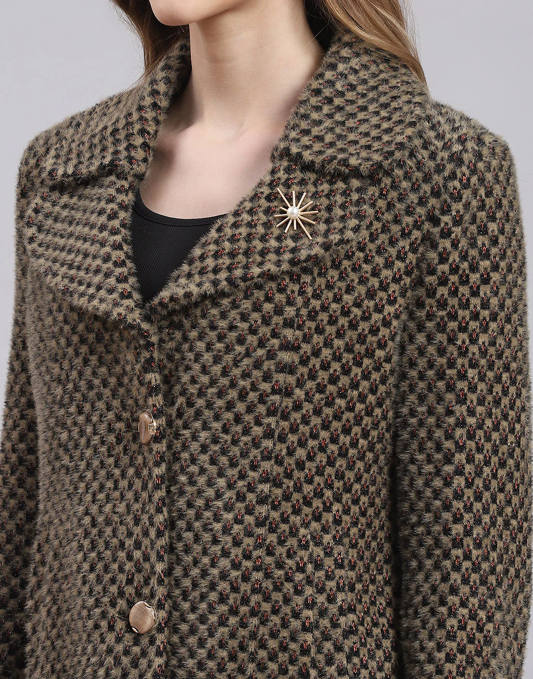 Women Beige Self Design Lapel Collar Full Sleeve Coat - Image 7
