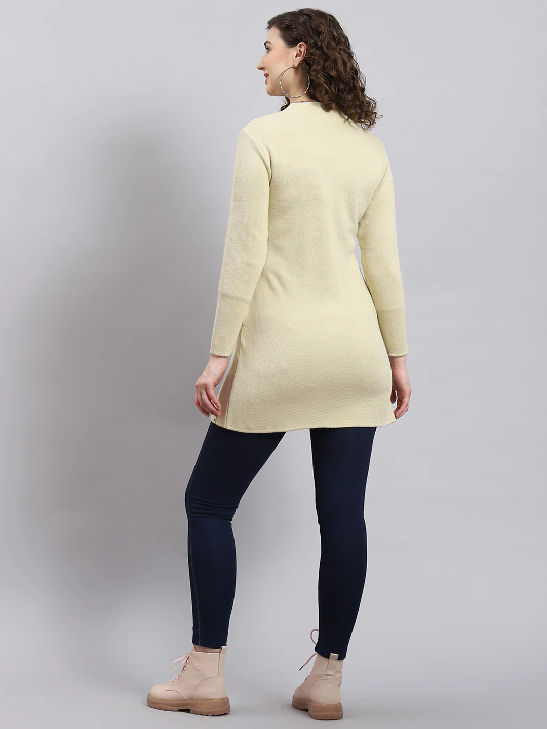 Women Beige Self Design Mandarin Collar Full Sleeve Coat - Image 7
