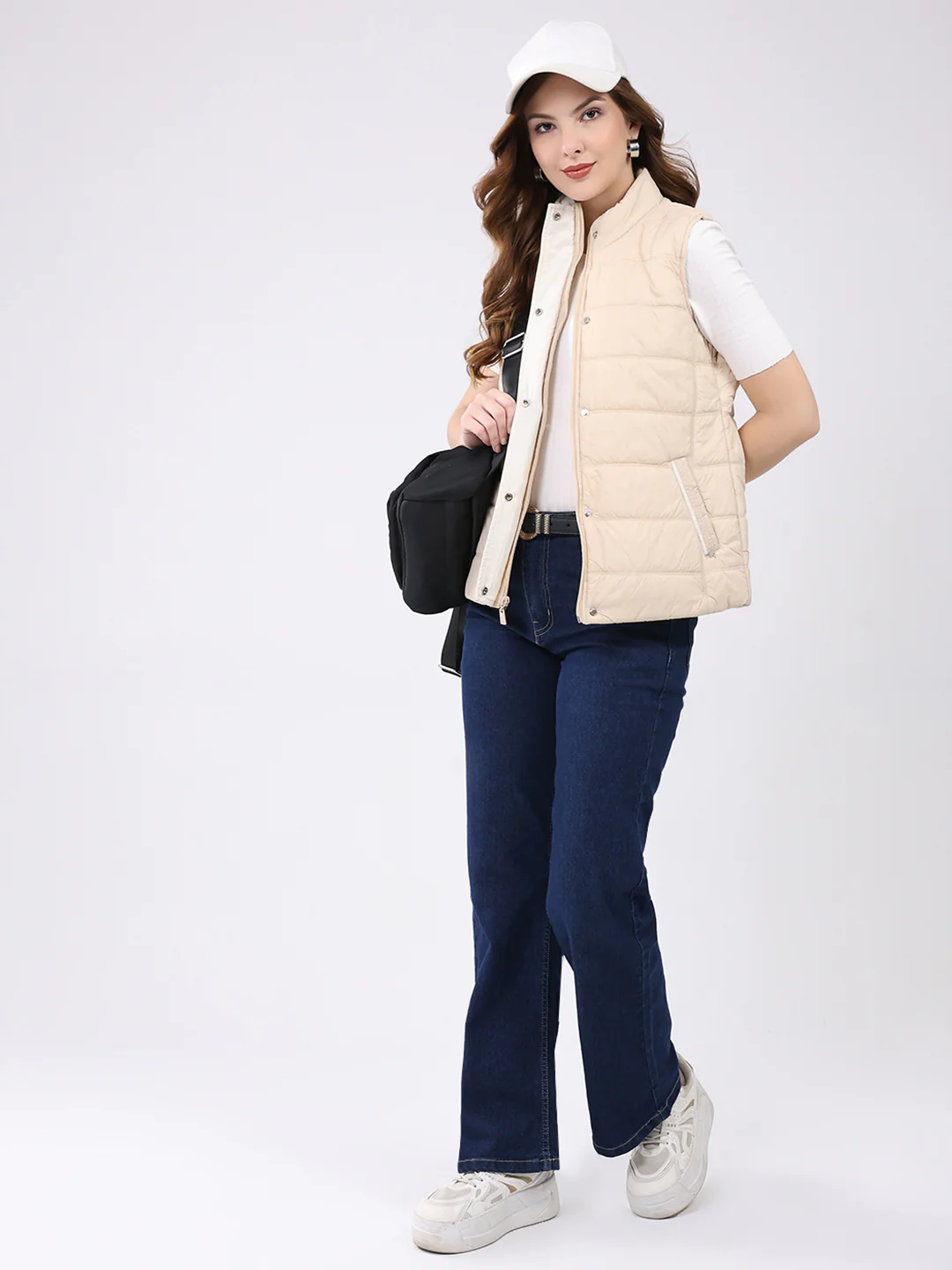 Women Beige Self Design Mock Neck Sleeveless Jacket - Image 2