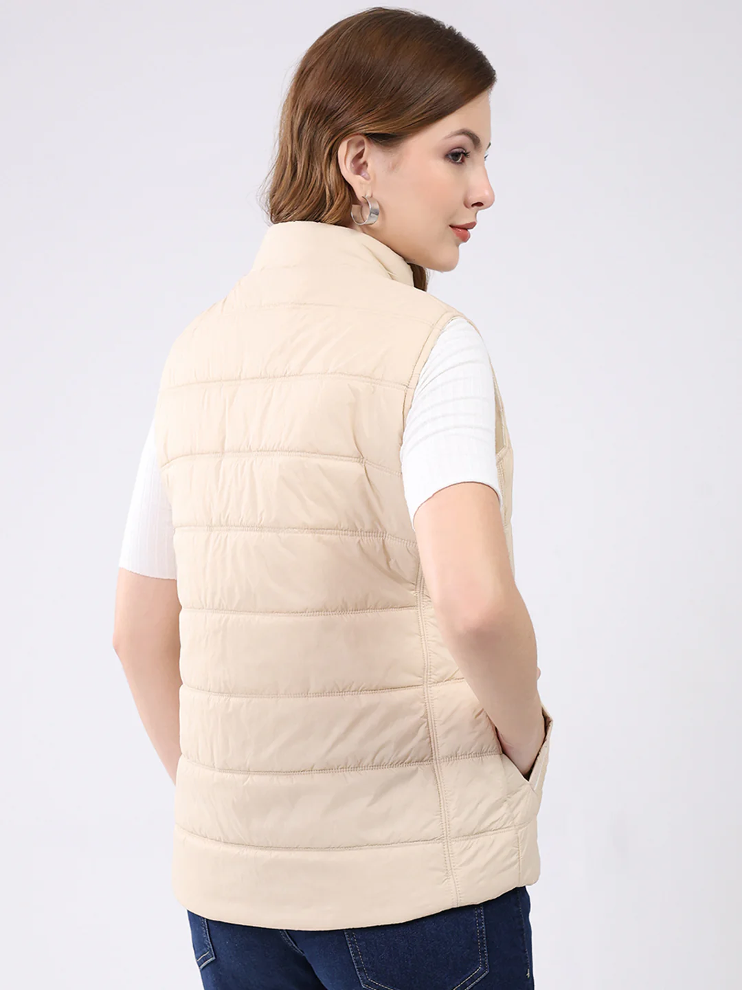 Women Beige Self Design Mock Neck Sleeveless Jacket - Image 5