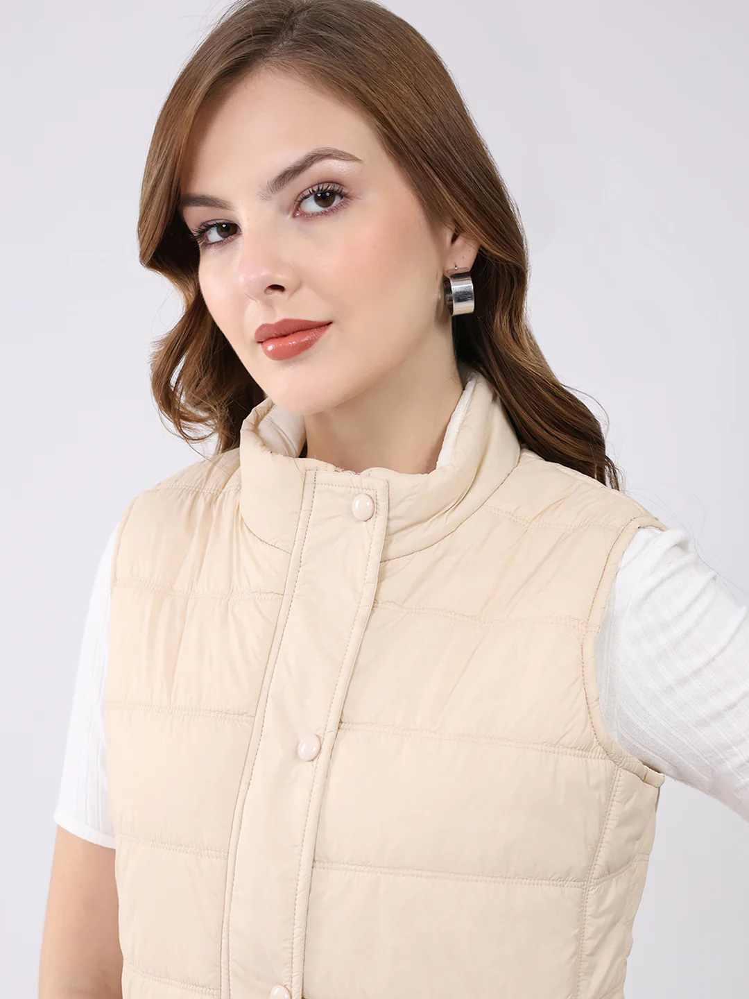Women Beige Self Design Mock Neck Sleeveless Jacket - Image 6
