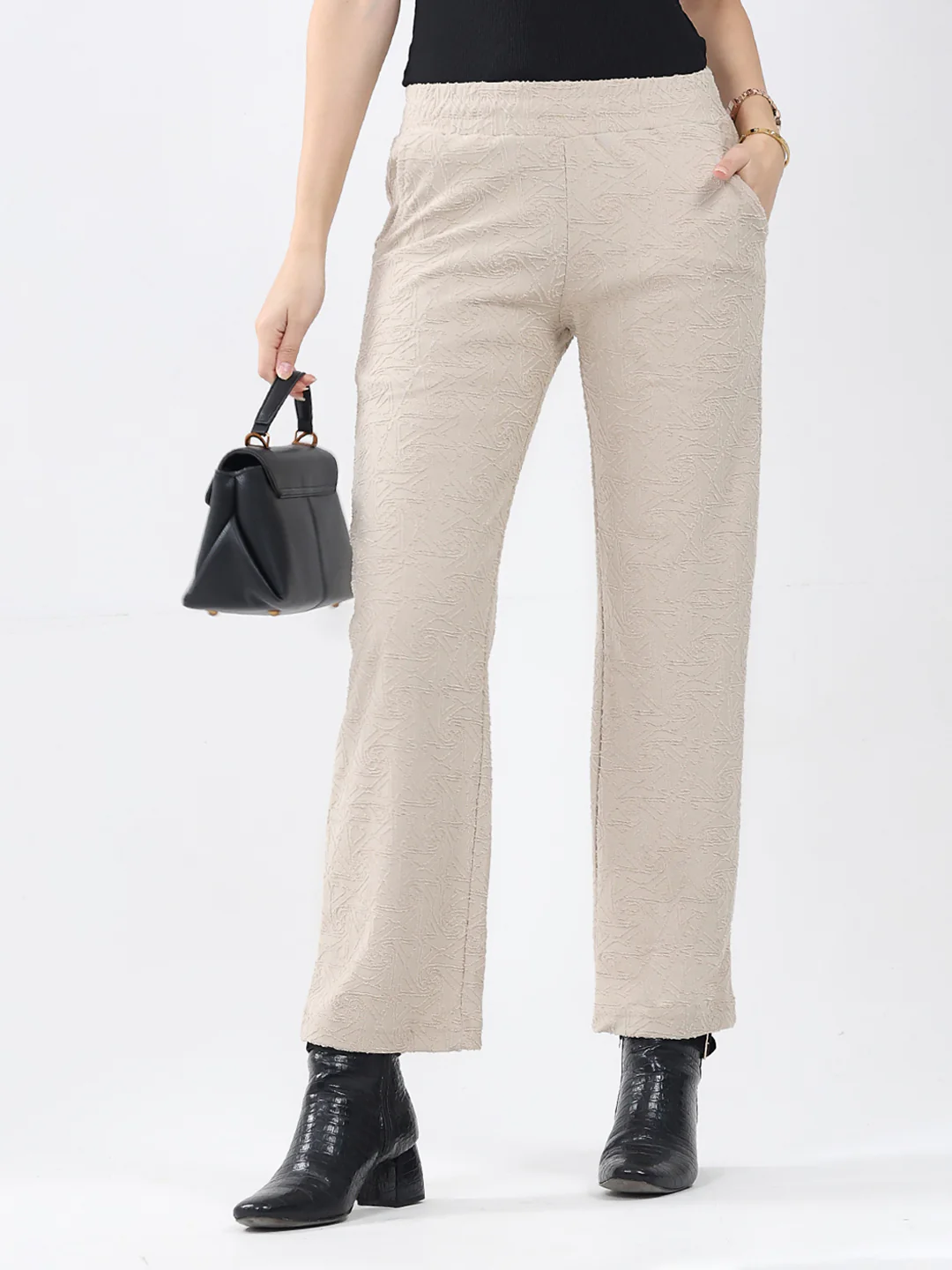 Women Beige Self Design Regular Fit Winter Lower - Image 6
