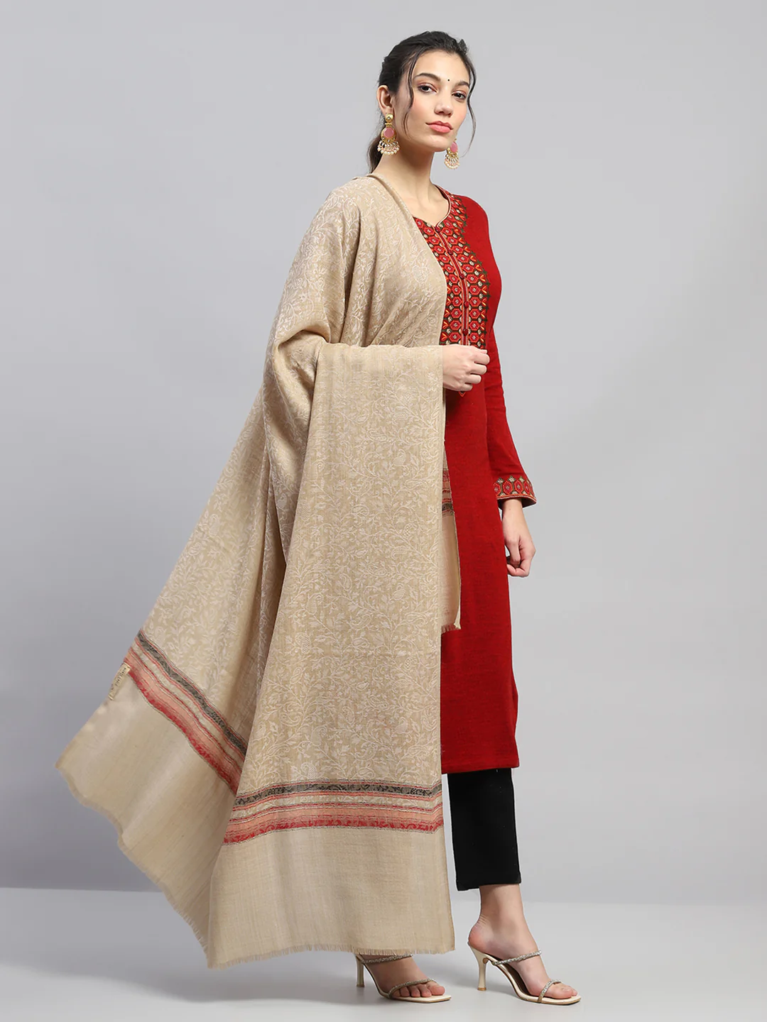 Women Beige Self Design Reversible Shawl - Image 4