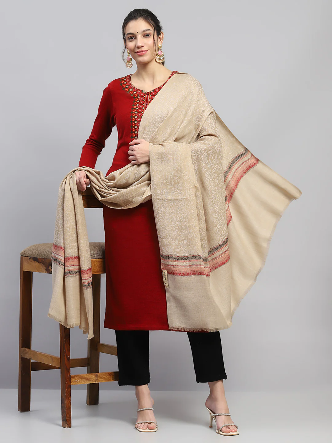 Women Beige Self Design Reversible Shawl - Image 5