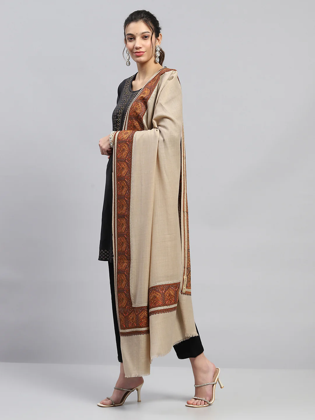 Women Beige Self Design Reversible Shawl - Image 3