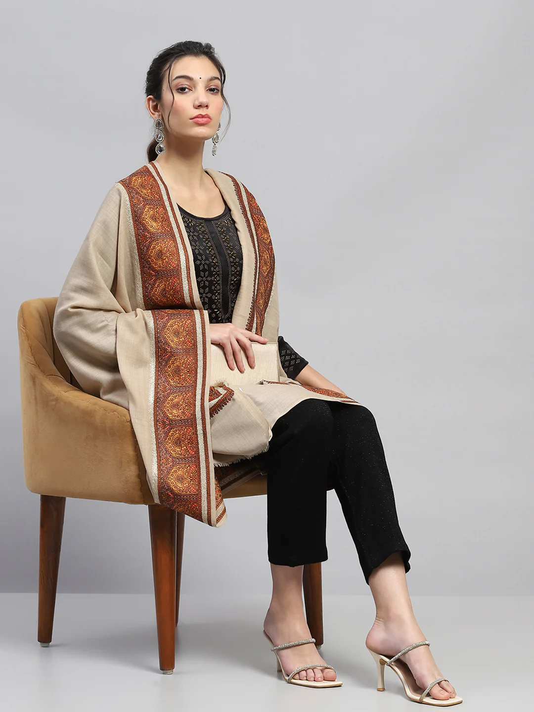 Women Beige Self Design Reversible Shawl - Image 5