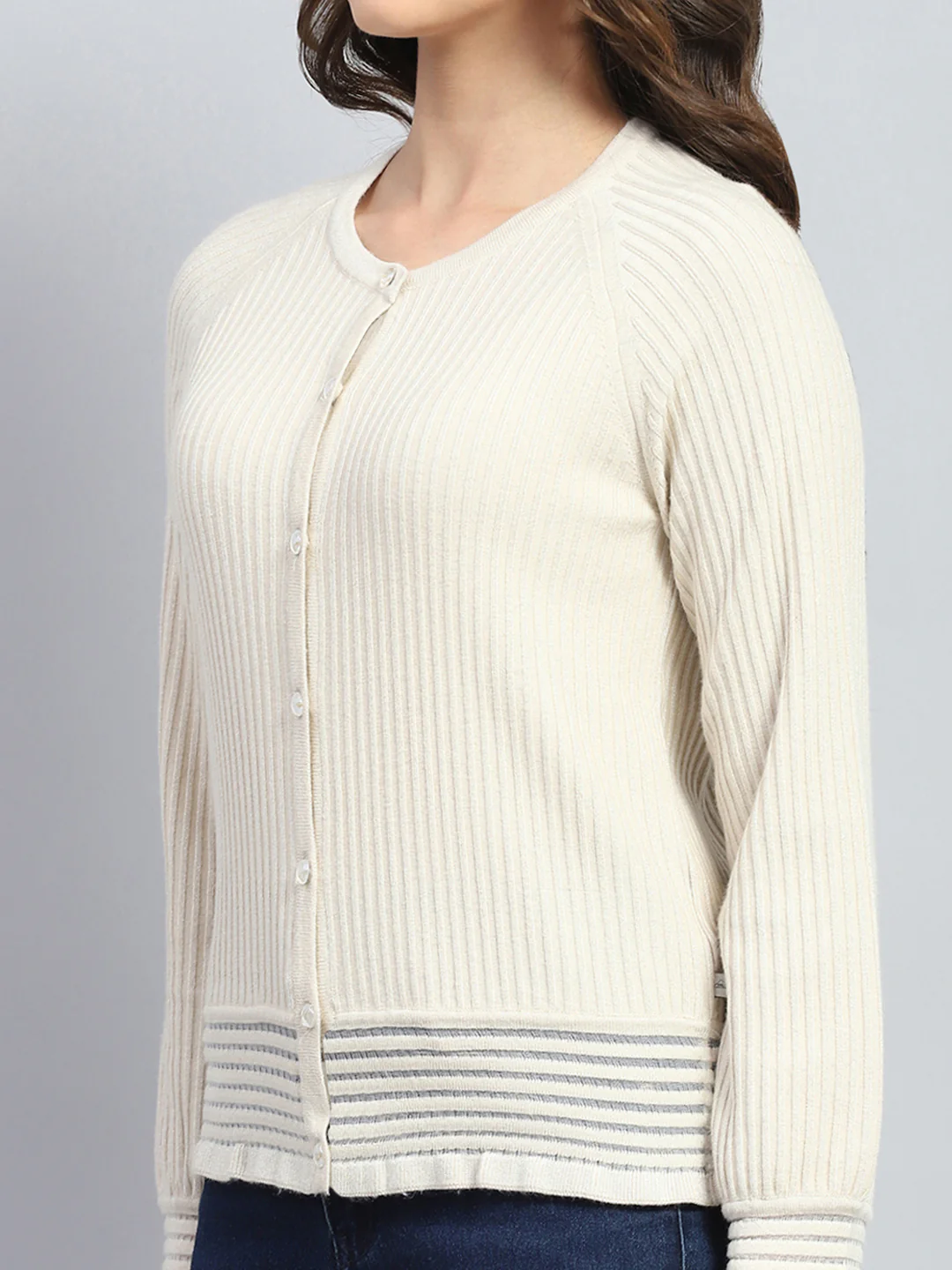 Women Beige Self Design Round Neck Full Sleeve Cardigan - Image 6