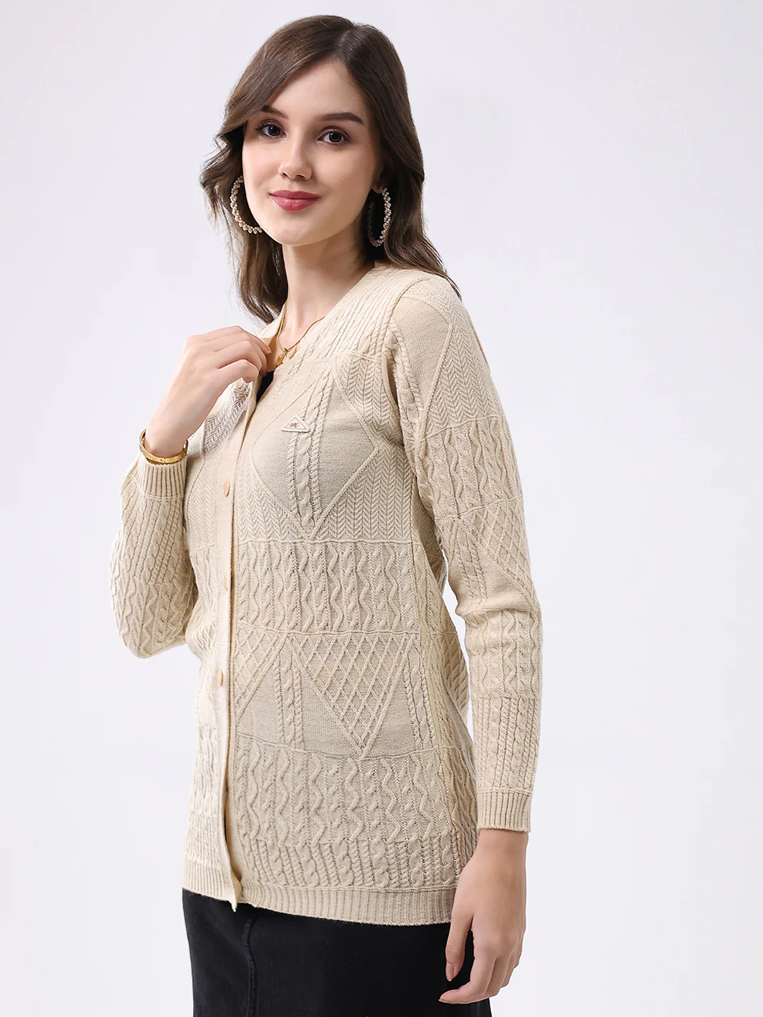 Women Beige Self Design Round Neck Full Sleeve Cardigan - Image 3