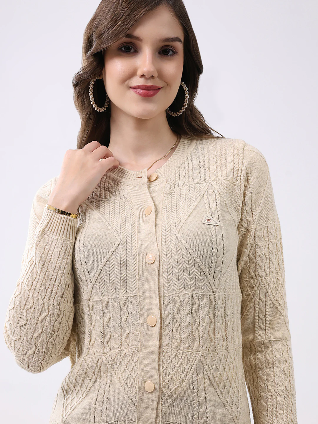 Women Beige Self Design Round Neck Full Sleeve Cardigan - Image 6