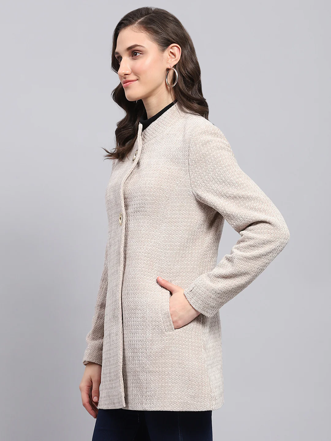 Women Beige Self Design Round Neck Full Sleeve Coat - Image 3