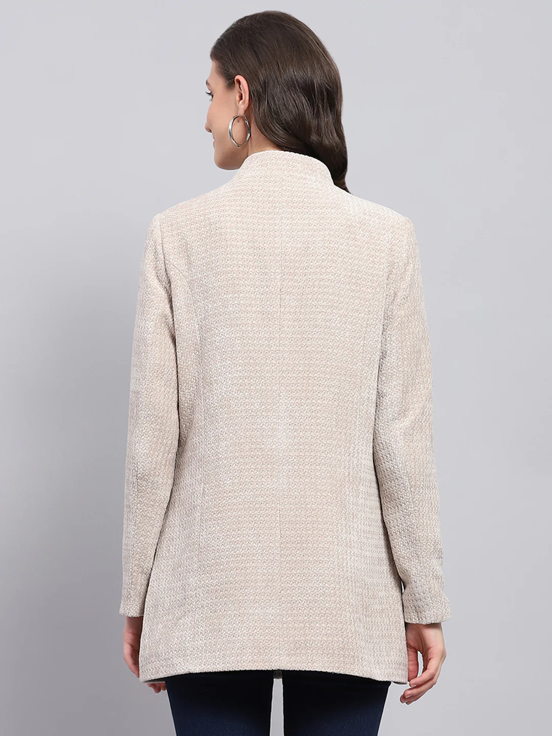 Women Beige Self Design Round Neck Full Sleeve Coat - Image 5