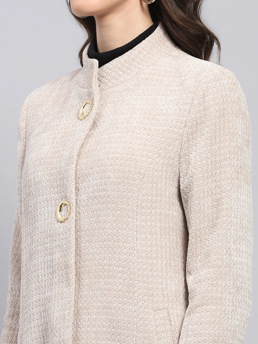 Women Beige Self Design Round Neck Full Sleeve Coat - Image 6