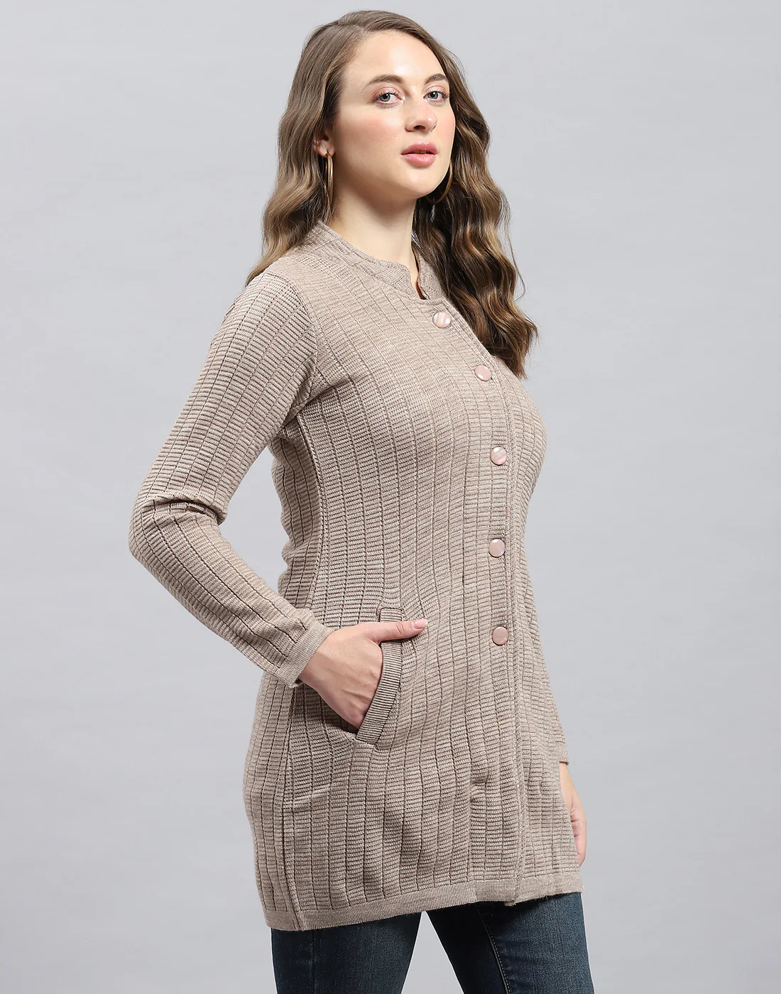 Women Beige Self Design Round Neck Full Sleeve Knitted coat - Image 4