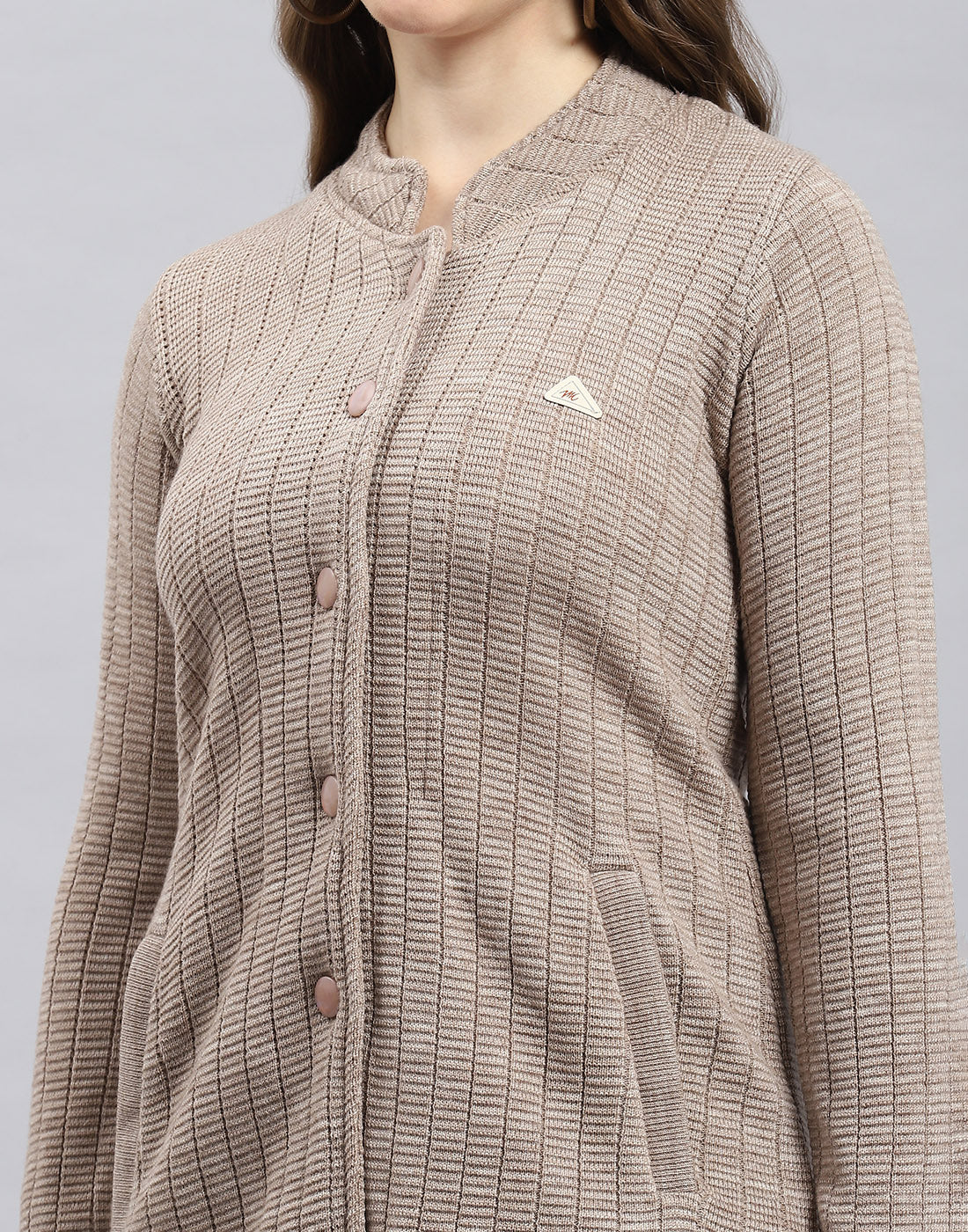 Women Beige Self Design Round Neck Full Sleeve Knitted coat - Image 6