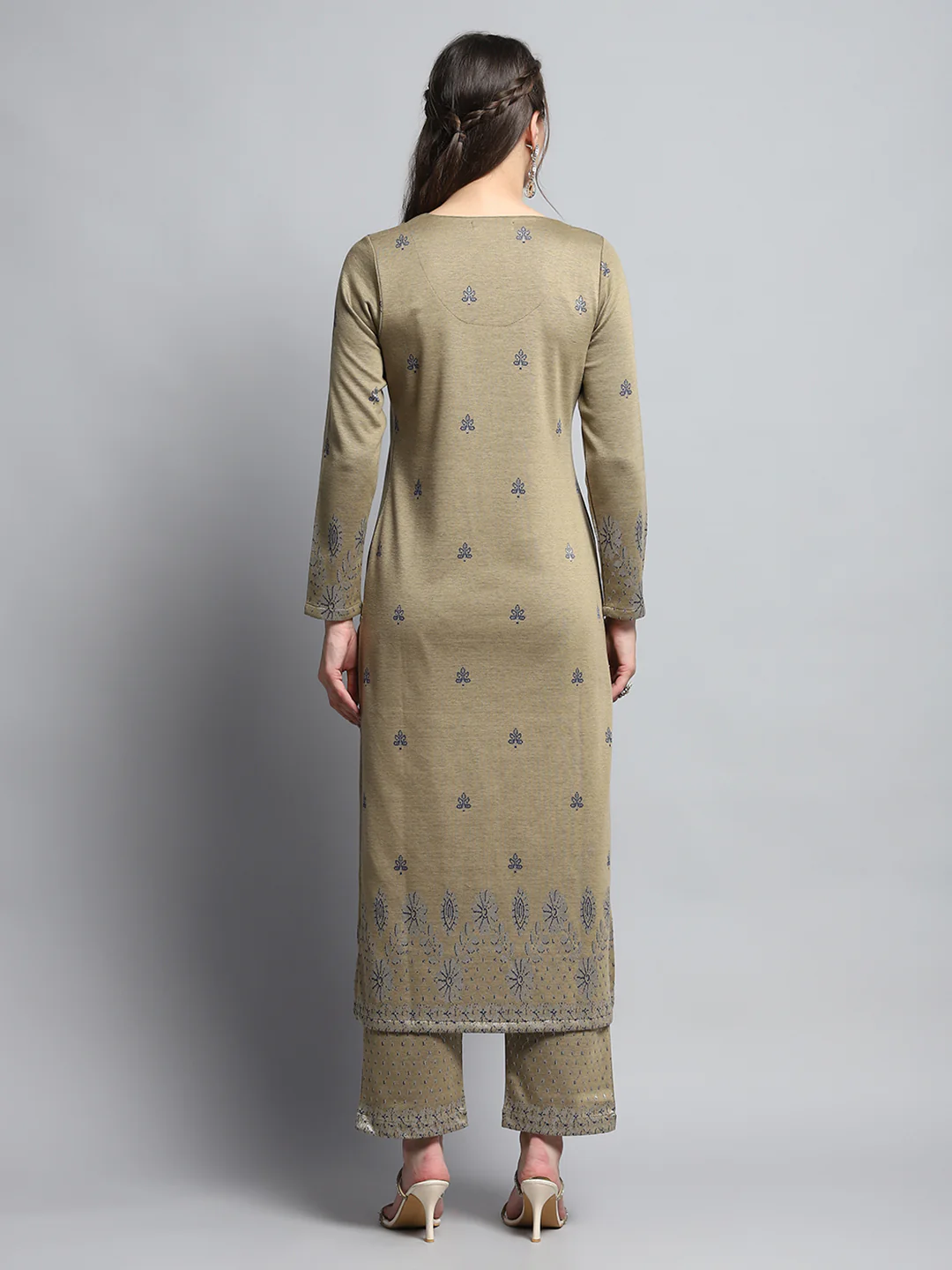 Women Beige Self Design Round Neck Full Sleeve Kurti Set for Winter - Image 5
