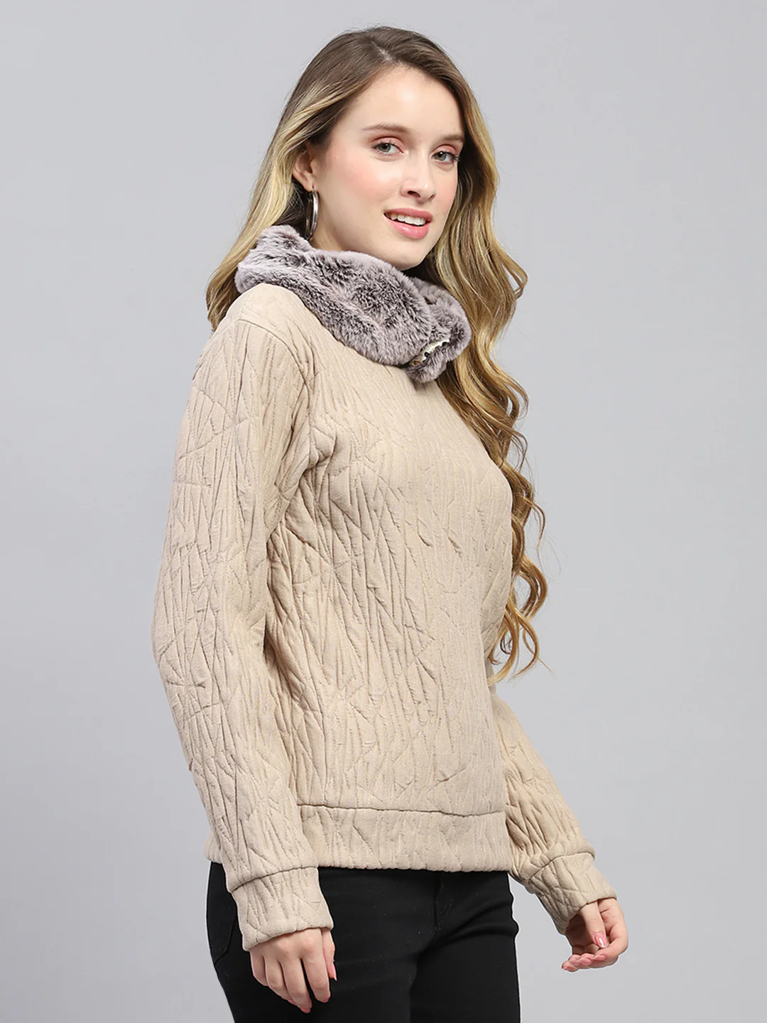 Women Beige Self Design Round Neck Full Sleeve Sweatshirt - Image 4