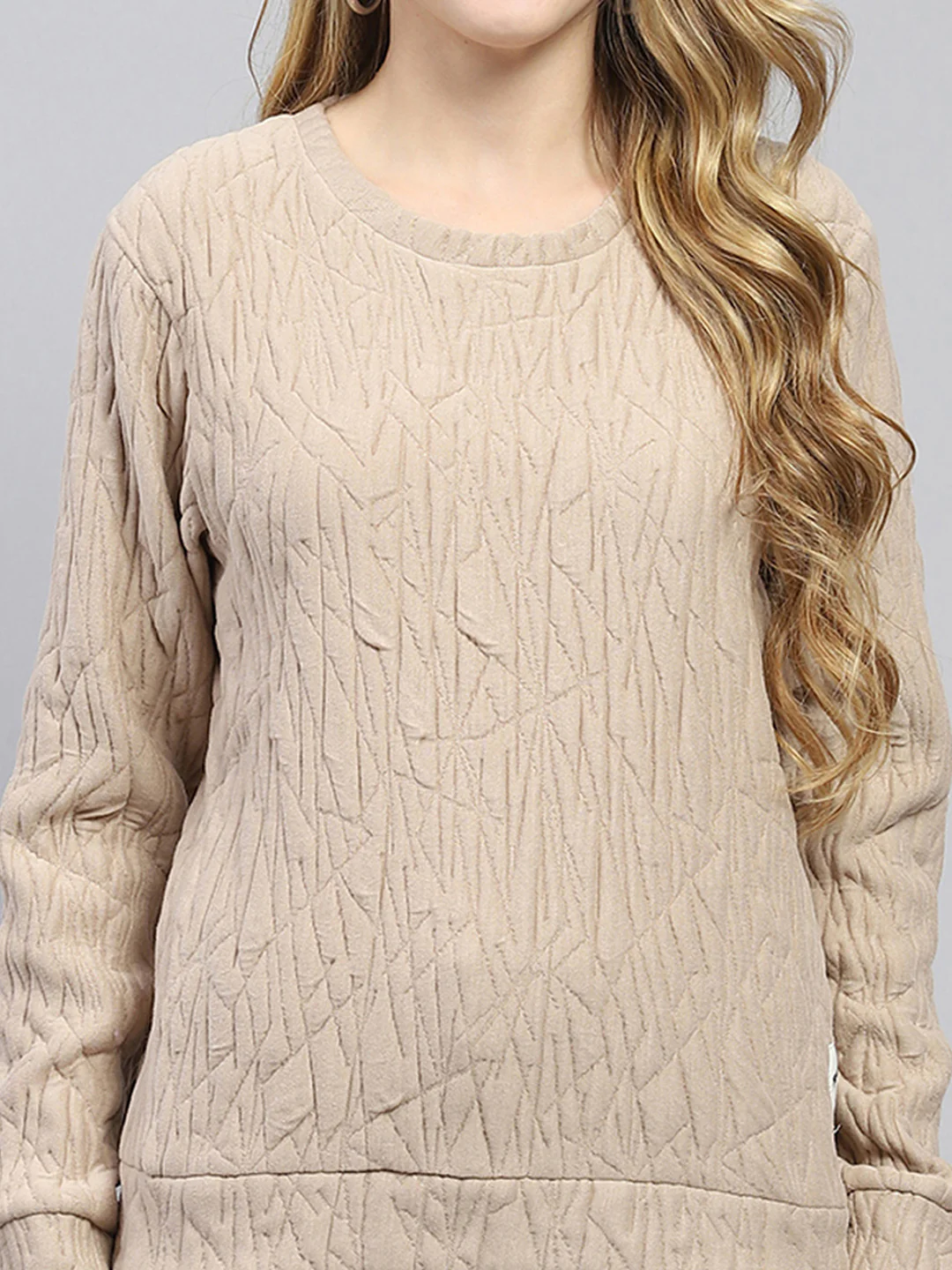 Women Beige Self Design Round Neck Full Sleeve Sweatshirt - Image 6