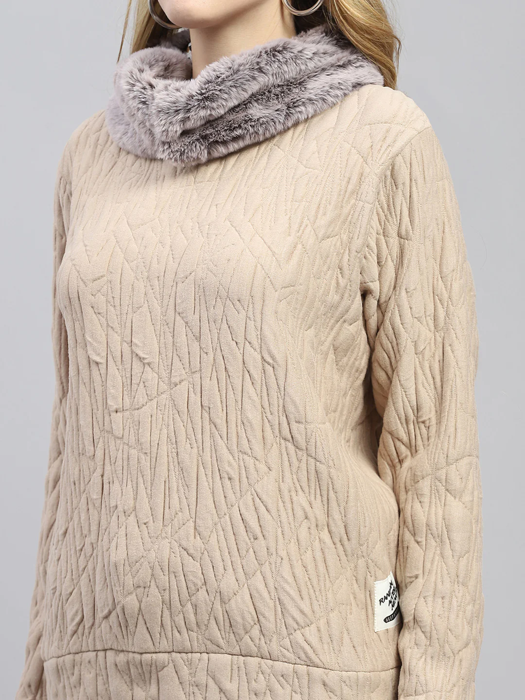 Women Beige Self Design Round Neck Full Sleeve Sweatshirt - Image 7