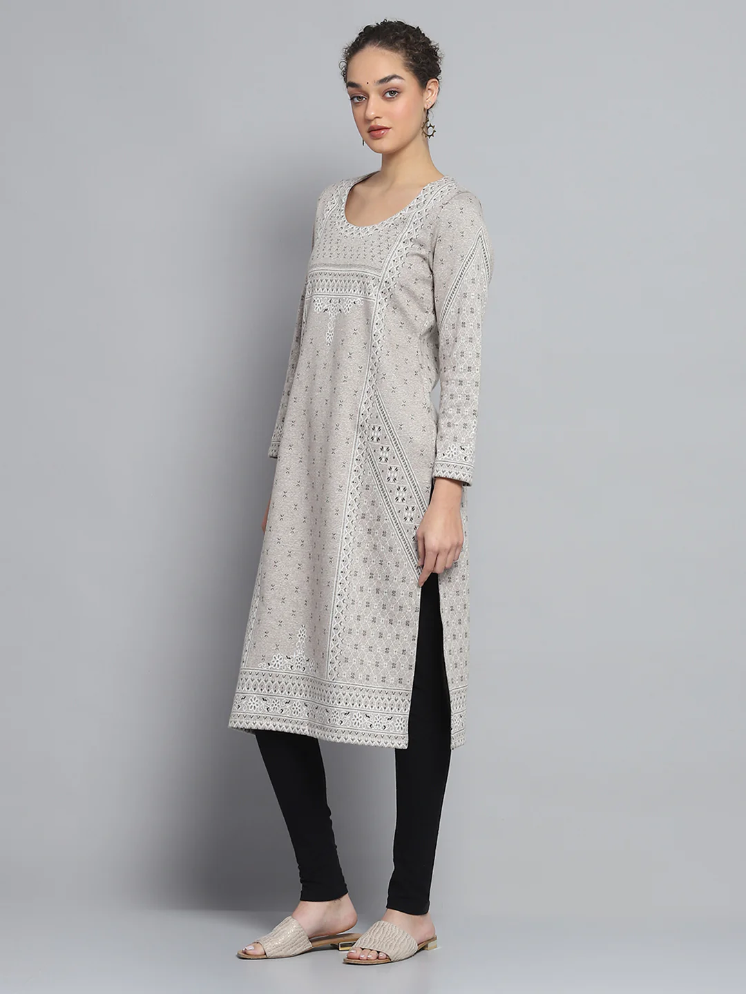 Women Beige Self Design Round Neck Full Sleeve Winter Kurti - Image 3