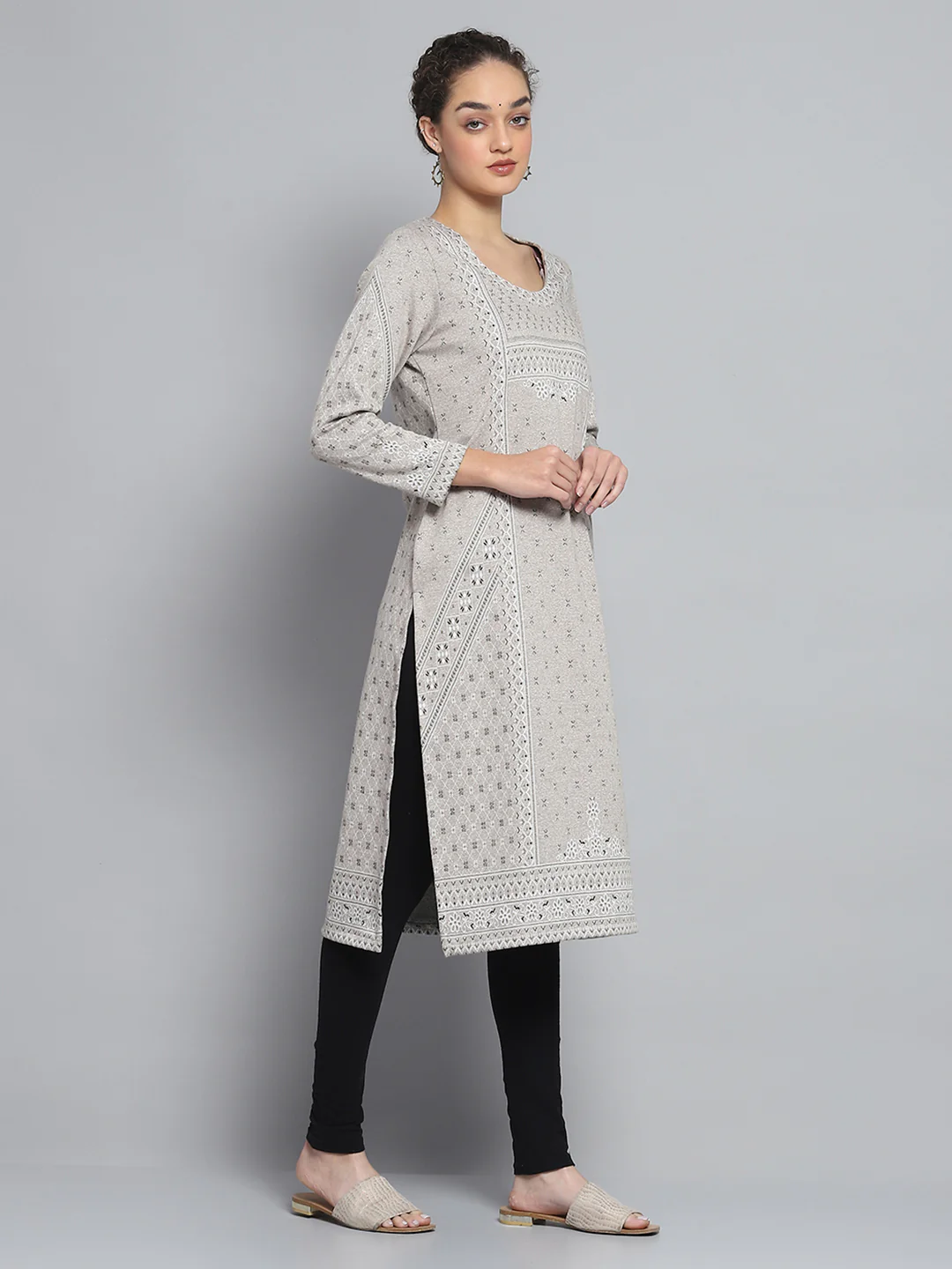Women Beige Self Design Round Neck Full Sleeve Winter Kurti - Image 4