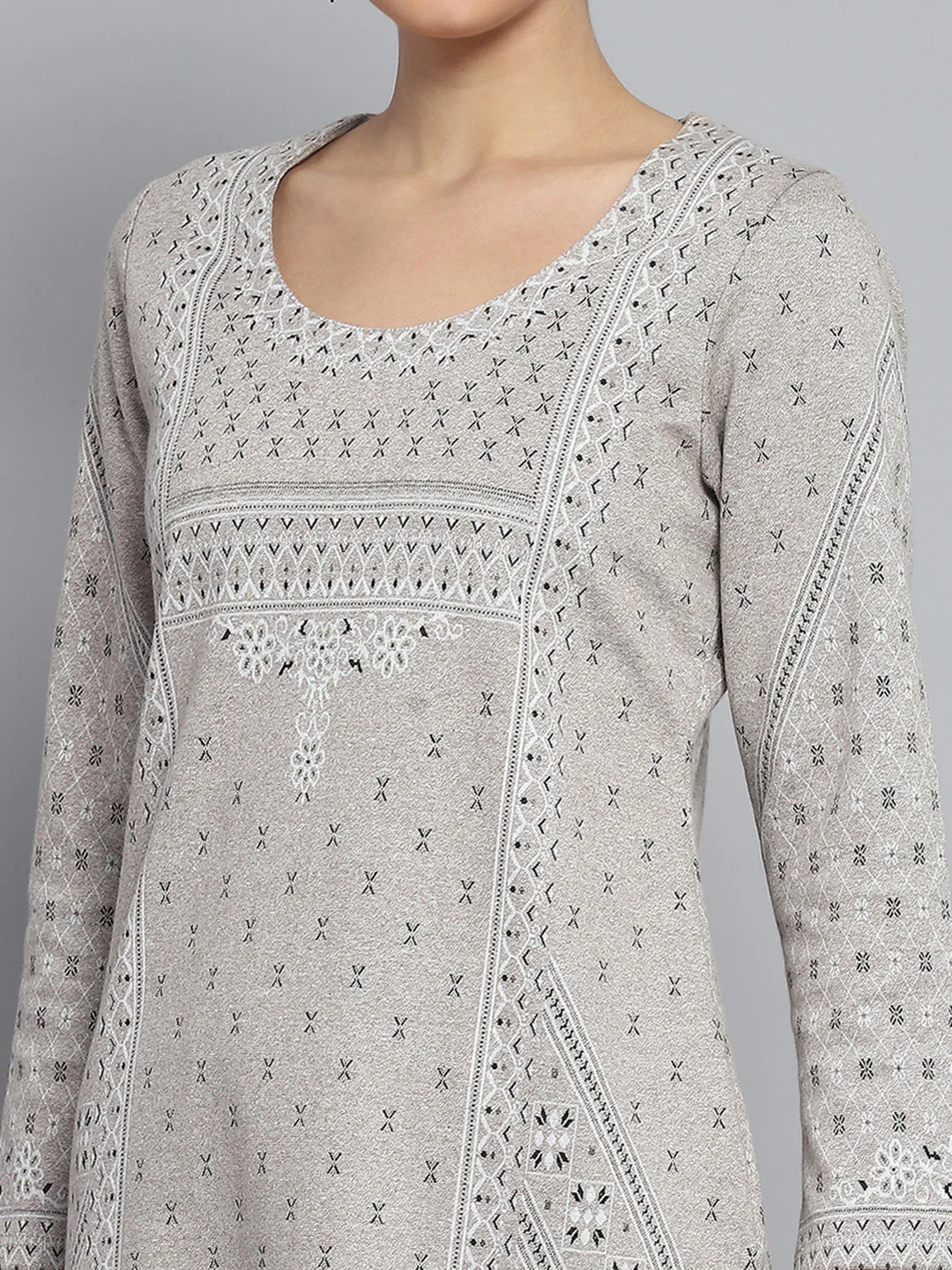 Women Beige Self Design Round Neck Full Sleeve Winter Kurti - Image 6