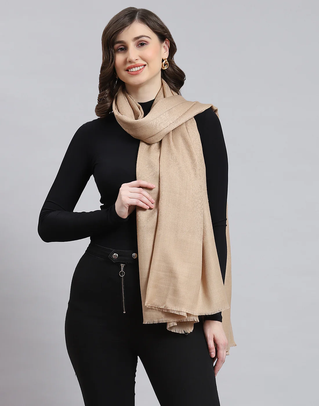 Women Beige Self Design Shawl - Image 3
