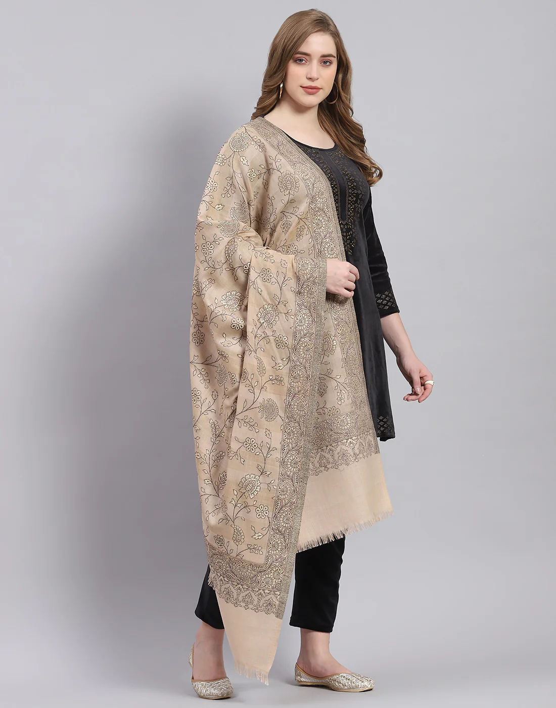 Women Beige Self Design Shawl - Image 5