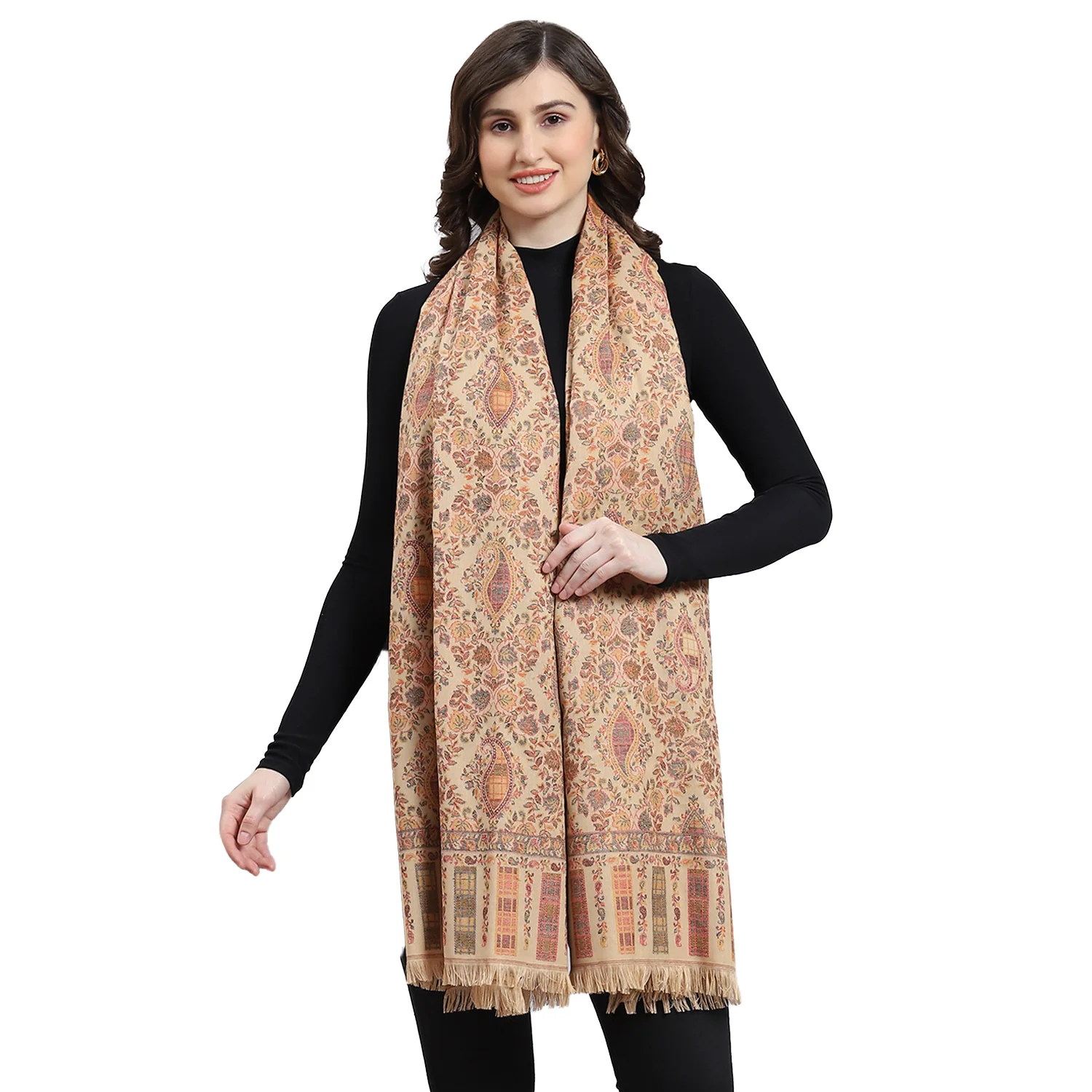 Women Beige Self Design Shawl - Image 5